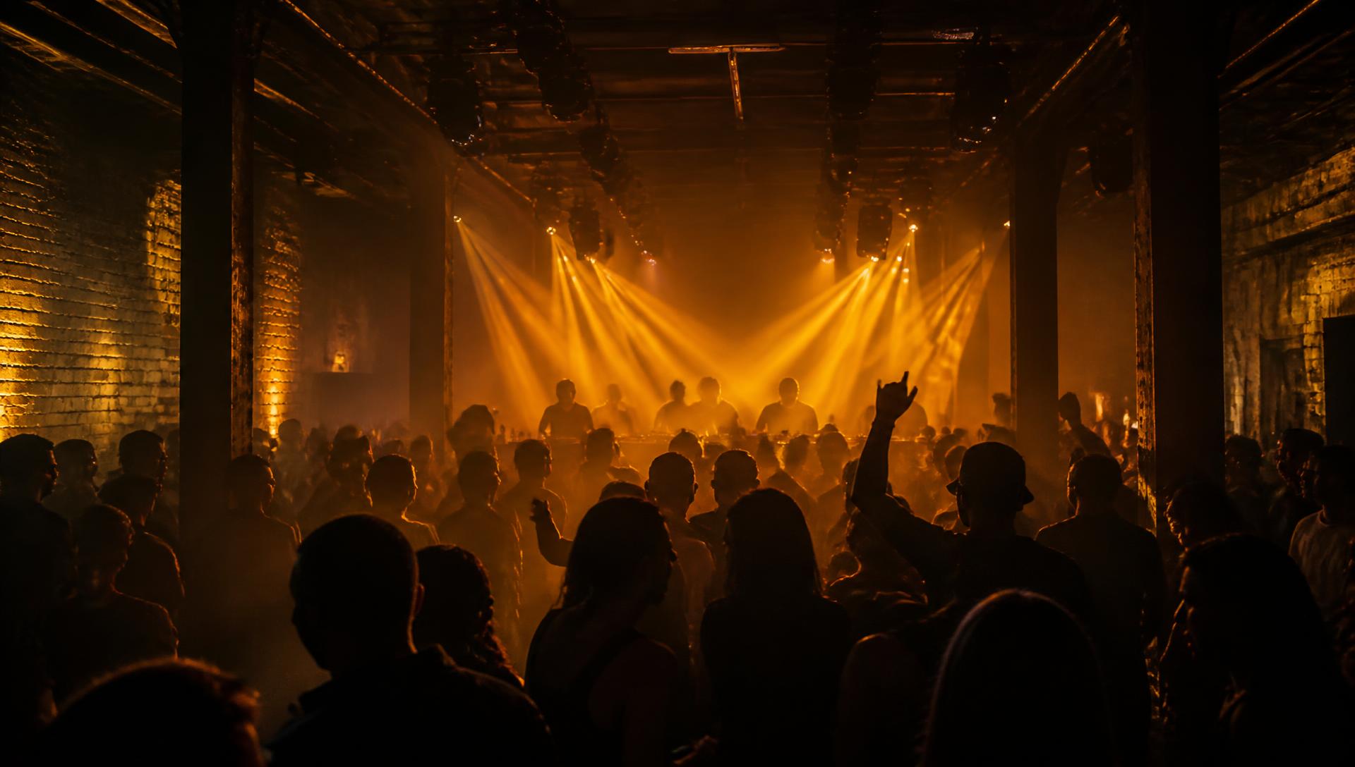 Crowd under gold stage lights at a Detroit warehouse night