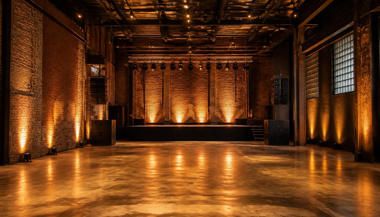 Industrial Detroit event venue with exposed brick and warm lighting